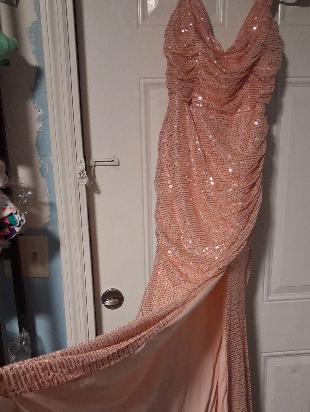Sequined Cowl-Neck Prom Gown in Blush Pink